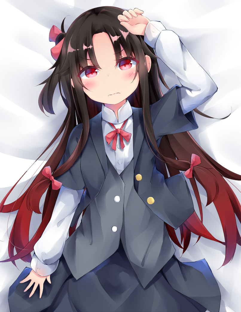 arm_up bangs bed_sheet blush bow bowtie brown_hair closed_mouth collared_shirt commentary_request eyebrows_visible_through_hair gradient_hair grey_jacket grey_skirt grey_vest hair_bow jacket kyuukon_(qkonsan) long_hair long_sleeves looking_at_viewer low-tied_long_hair lying multicolored_hair on_back open_clothes open_jacket pink_bow pink_neckwear red_eyes red_hair ryuuou_no_oshigoto! shirt short_over_long_sleeves short_sleeves skirt solo tsurime very_long_hair vest wavy_mouth white_shirt yashajin_ai
