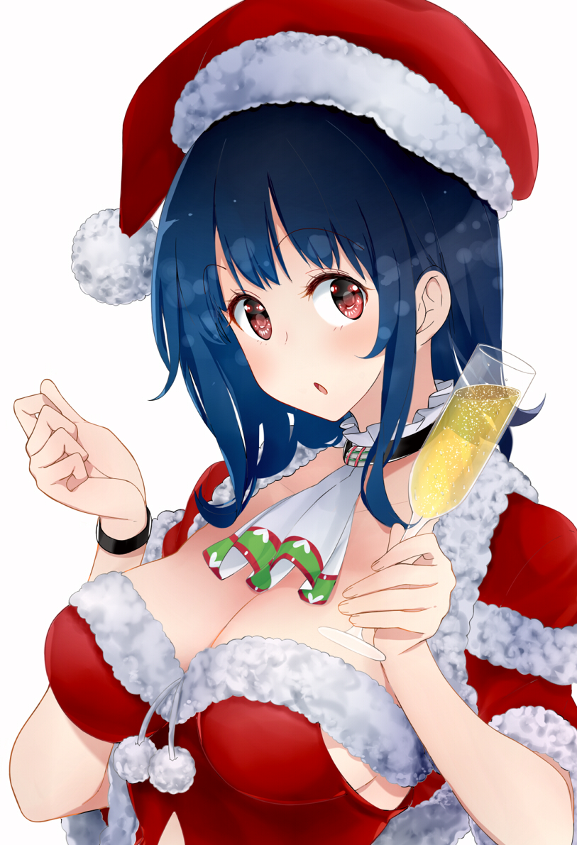alternate_costume amami_amayu black_wristband blue_hair blush breasts christmas cleavage collarbone cropped_jacket cup detached_collar drinking_glass eyebrows_visible_through_hair fur_trim jacket kantai_collection large_breasts looking_at_viewer open_mouth red_eyes red_jacket santa_costume simple_background solo takao_(kantai_collection) upper_body white_background white_neckwear wine_glass