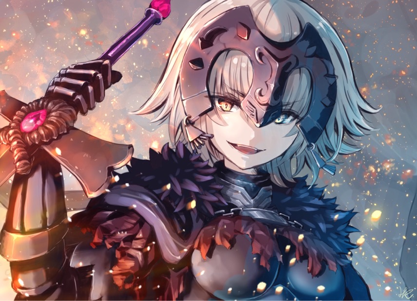 :d armor boobplate breastplate cloud cloudy_sky commentary_request day diadem evil_smile fate/grand_order fate_(series) fur_trim gauntlets gem grin holding holding_sword holding_weapon hoshizaki_reita jeanne_d'arc_(alter)_(fate) jeanne_d'arc_(fate)_(all) light_particles looking_at_viewer open_mouth outdoors short_hair sky slit_pupils smile solo sword v-shaped_eyebrows weapon white_hair yellow_eyes