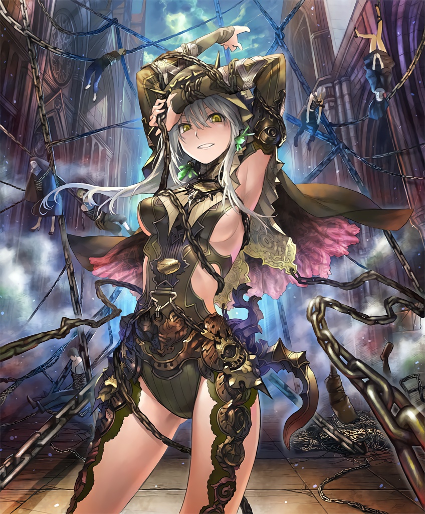 arms_up artist_request bound breasts cathedral chain church cygames faceless faceless_male grey_hair grin habit impossible_clothes long_hair medium_breasts multiple_boys official_art revealing_clothes shadowverse shingeki_no_bahamut sideboob sister_of_punishment smile yellow_eyes