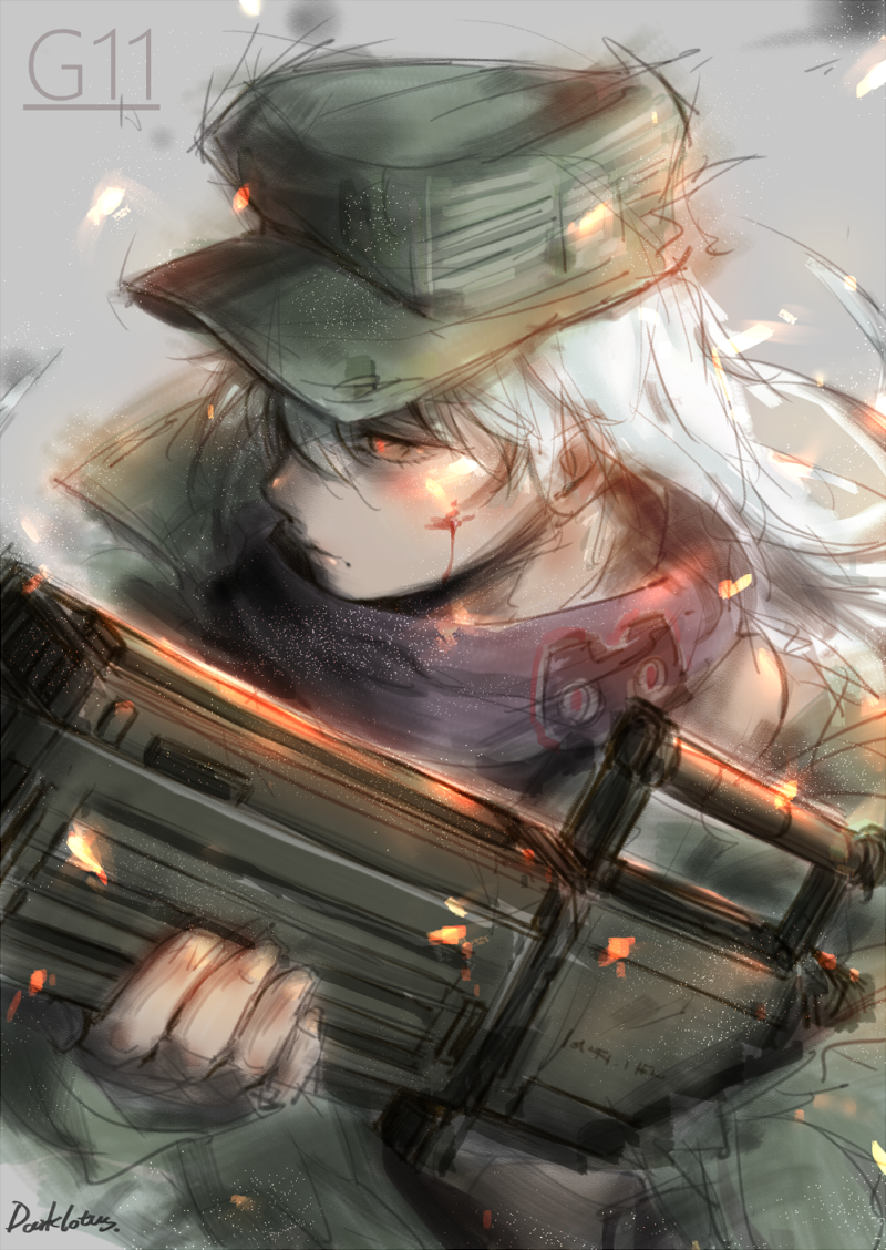 assault_rifle blood blood_on_face character_name embers g11 g11_(girls_frontline) girls_frontline glowing glowing_eyes green_hat gun hair_between_eyes hat heckler_&amp;_koch holding holding_gun holding_weapon long_hair looking_to_the_side orange_eyes rifle signature sketch solo upper_body weapon white_hair wind yoruhasu_gekkei