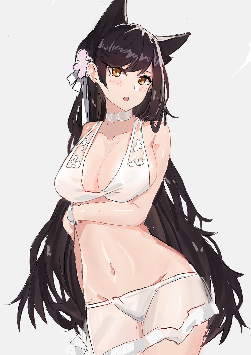 :o animal_ears atago_(azur_lane) azur_lane bangs bikini blush breasts brown_eyes cleavage collarbone commentary_request cowboy_shot echj extra_ears grey_background hair_ornament hair_ribbon highres hips large_breasts long_hair looking_at_viewer mole mole_under_eye navel open_mouth ribbon simple_background solo swept_bangs swimsuit very_long_hair white_bikini white_ribbon