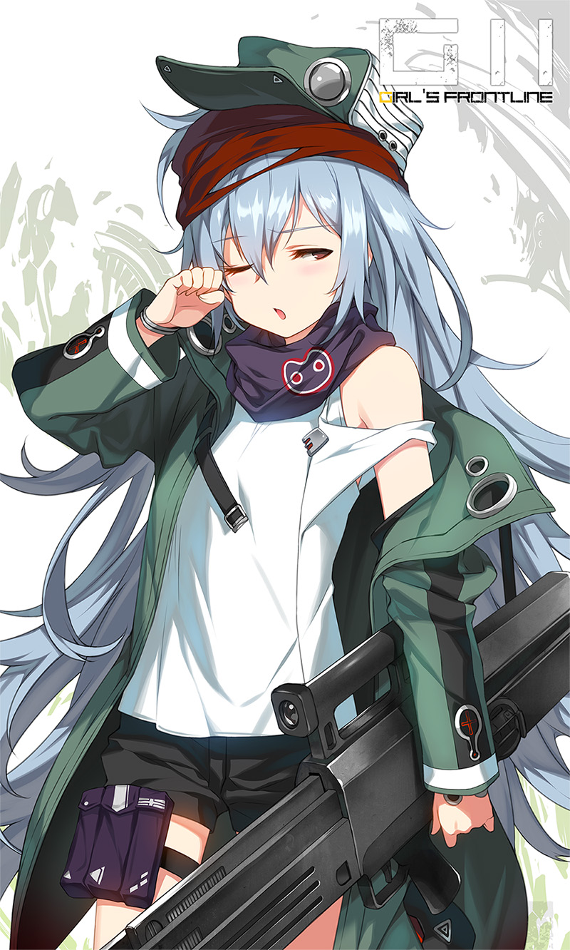 ammunition_pouch assault_rifle bags_under_eyes black_shorts blue_hair blush_stickers bracelet brown_eyes character_name commentary cowboy_shot eyebrows_visible_through_hair eyes_visible_through_hair g11 g11_(girls_frontline) girls_frontline gun hair_between_eyes half-closed_eyes hat head_tilt highres holding holding_gun holding_weapon holster jacket jewelry knee_pads long_hair long_sleeves looking_at_viewer magazine_(weapon) off_shoulder one_eye_closed open_clothes open_jacket open_mouth pouch ress rifle scarf shirt shorts sleepy solo standing strap thigh_holster thighs very_long_hair weapon white_shirt