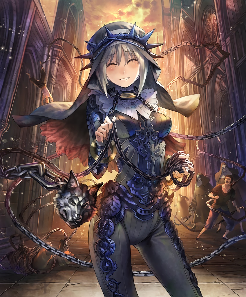artist_request bodysuit bound cathedral chain church closed_eyes cygames faceless faceless_male grey_hair grin habit impossible_clothes multiple_boys official_art scared shadowverse shingeki_no_bahamut sister_of_punishment smile
