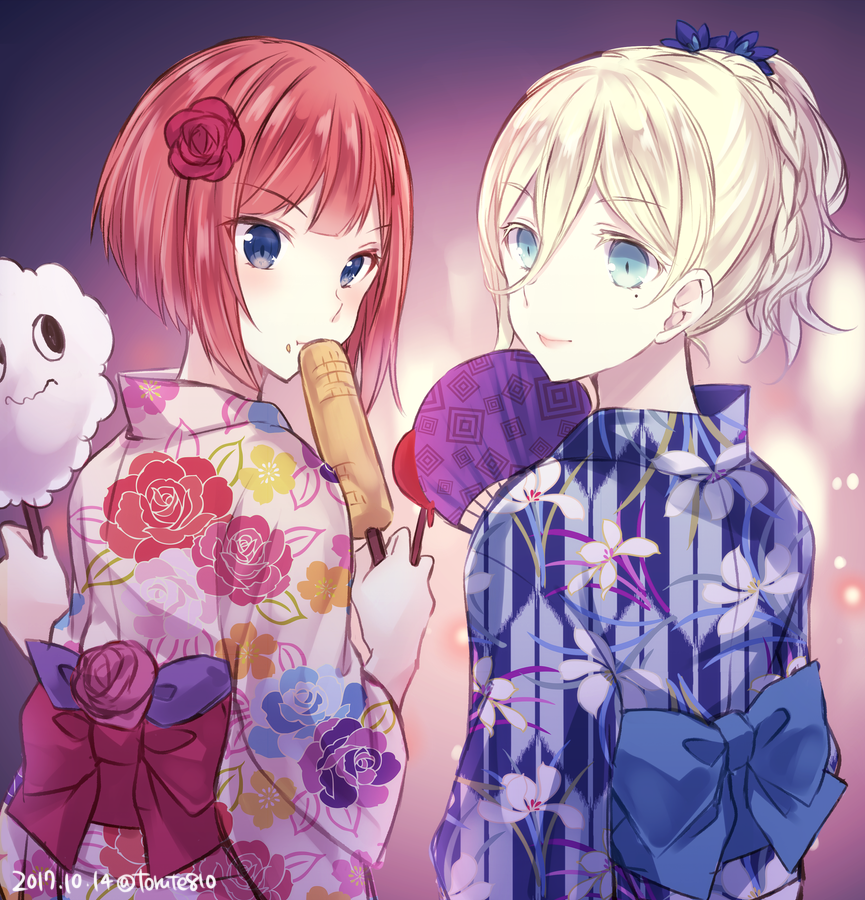 alternate_costume ark_royal_(kantai_collection) bangs blue_bow blue_eyes blue_kimono blunt_bangs blush bow closed_mouth corn dated fan floral_print flower food from_behind hair_between_eyes hair_flower hair_ornament holding holding_food japanese_clothes kabocha_torute kantai_collection kimono lips looking_back md5_mismatch miss_cloud mole mole_under_eye multiple_girls no_hairband paper_fan pink_kimono red_bow red_hair richelieu_(kantai_collection) sash short_ponytail smile twitter_username uchiwa unmoving_pattern upper_body yukata