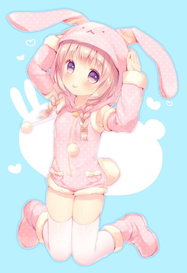 :p animal_ears animal_hood arms_up bangs blush boots braid bunny_ears bunny_hood bunny_tail closed_mouth commentary_request detached_sleeves eyebrows_visible_through_hair fingernails full_body fur-trimmed_sleeves fur_trim hair_over_shoulder head_tilt heart hood hood_up looking_at_viewer low_twintails onesie original pink_eyes pink_footwear pink_hair pink_hoodie pocket polka_dot_footwear polka_dot_hoodie polka_dot_sleeves smile solo star tail tareme thighhighs tongue tongue_out twin_braids twintails usashiro_mani white_legwear