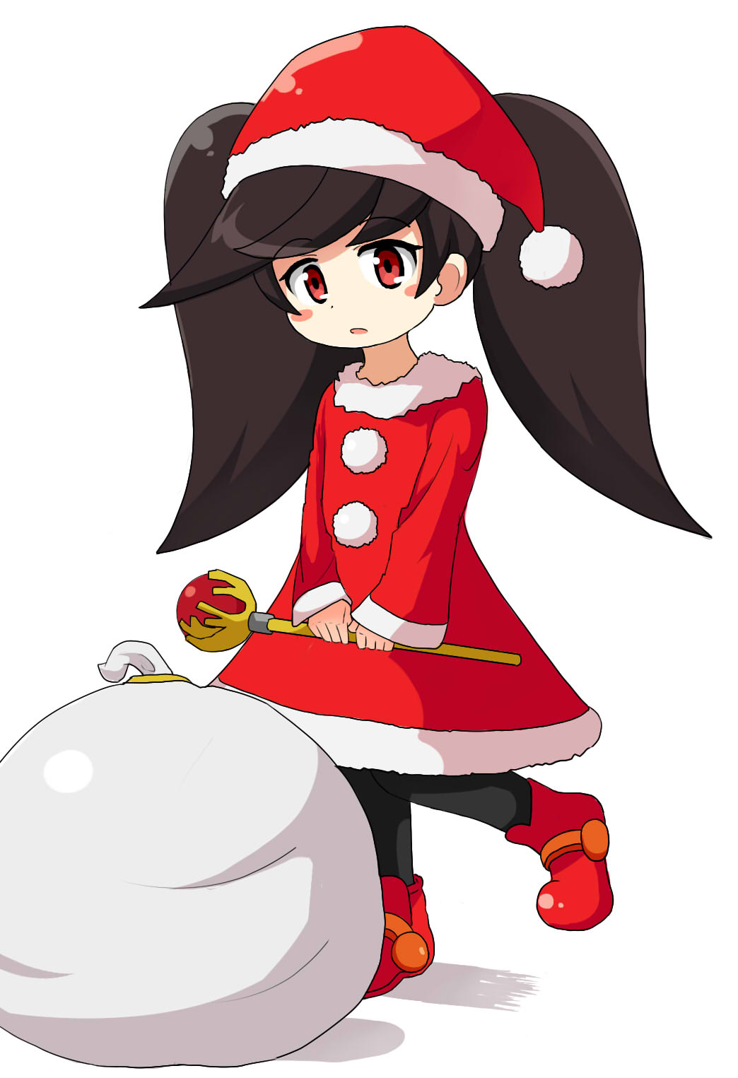 :o ashley_(warioware) bangs big_hair black_hair black_legwear blush_stickers christmas commentary_request dress eyebrows_visible_through_hair flat_chest full_body fur-trimmed_dress hat highres holding holding_staff korutana long_hair long_sleeves looking_at_viewer open_mouth pantyhose red_dress red_eyes red_footwear sack santa_costume santa_hat simple_background solo staff standing standing_on_one_leg swept_bangs twintails warioware white_background