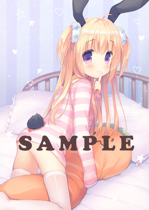 :3 all_fours animal_ears bangs bed blonde_hair blush bunny_ears bunny_girl bunny_tail carrot_pillow commentary_request eyebrows_visible_through_hair finger_to_mouth frilled_pillow frills from_behind hair_between_eyes hair_ornament hair_scrunchie heart long_hair looking_at_viewer looking_back no_pants on_bed original parted_lips pillow purple_eyes sample scrunchie shushing solo star striped striped_background striped_sweater sweater tail thighhighs two_side_up usashiro_mani vertical-striped_background vertical_stripes very_long_hair white_legwear white_scrunchie