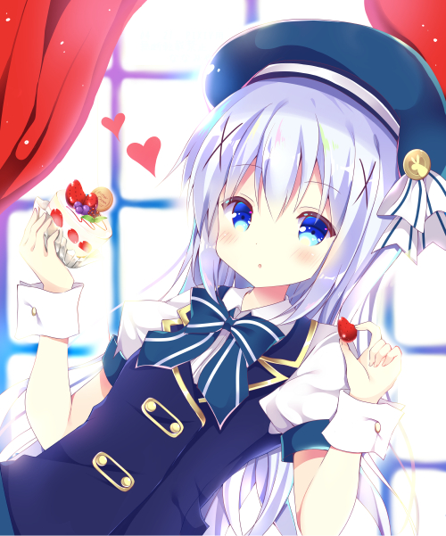 :o bangs beret bitter_crown blue_eyes blue_hat blue_neckwear blue_skirt blue_vest bow bowtie breasts cake collared_shirt commentary_request cookie curtains day eyebrows_visible_through_hair food fruit gochuumon_wa_usagi_desu_ka? hair_ornament hat heart holding holding_food indoors kafuu_chino light_blue_hair long_hair looking_at_viewer parted_lips shirt sidelocks skirt small_breasts solo strawberry striped striped_neckwear sunlight upper_body vest white_shirt window wing_collar wrist_cuffs x_hair_ornament