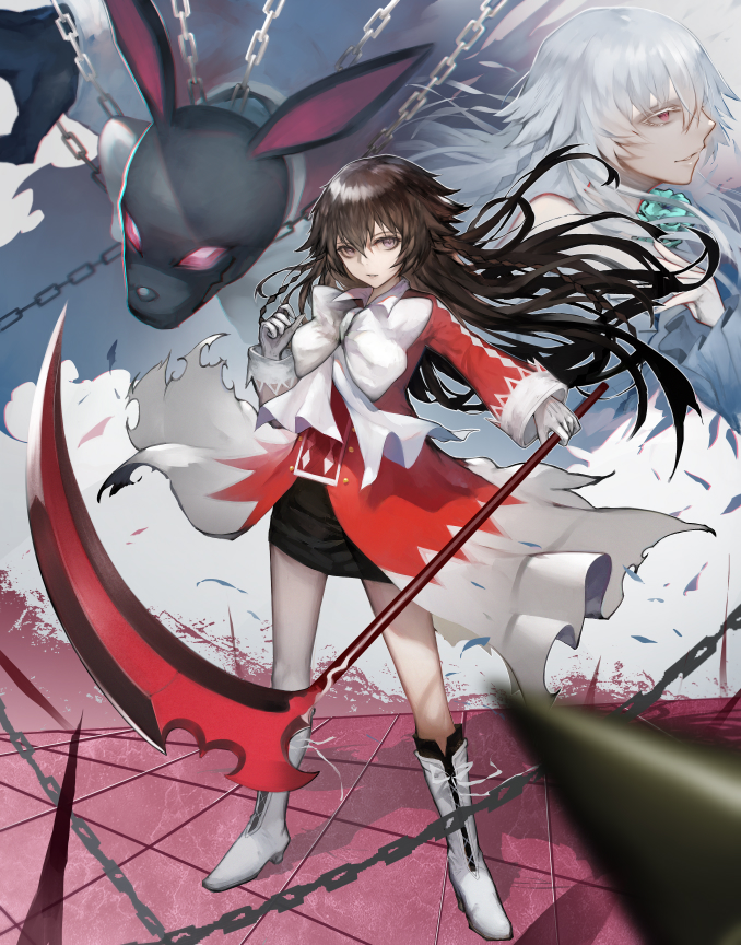 2girls alice_(pandora_hearts) bow brown_hair chains glove long_hair looking_at_viewer multiple_girls pandora_hearts purple_eyes rabbit red_eyes scythe skirt white_hair will_of_the_abyss