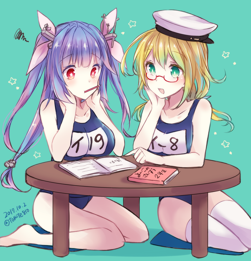:d aqua_background bangs bare_arms bare_legs bare_shoulders barefoot blonde_hair blue_eyes blue_hair blue_swimsuit blunt_bangs blush book breasts character_name collarbone commentary_request dated flower-shaped_pupils glasses hair_ribbon hands_on_own_cheeks hands_on_own_face hat headgear i-19_(kantai_collection) i-8_(kantai_collection) kabocha_torute kantai_collection long_hair medium_breasts mouth_hold multiple_girls one-piece_swimsuit open_book open_mouth pencil pink_eyes pink_ribbon pointing red-framed_eyewear ribbon school_swimsuit semi-rimless_eyewear simple_background sitting smile squiggle star studying swimsuit symbol-shaped_pupils table tareme thighhighs translation_request twitter_username under-rim_eyewear wariza white_hat white_legwear yokozuwari