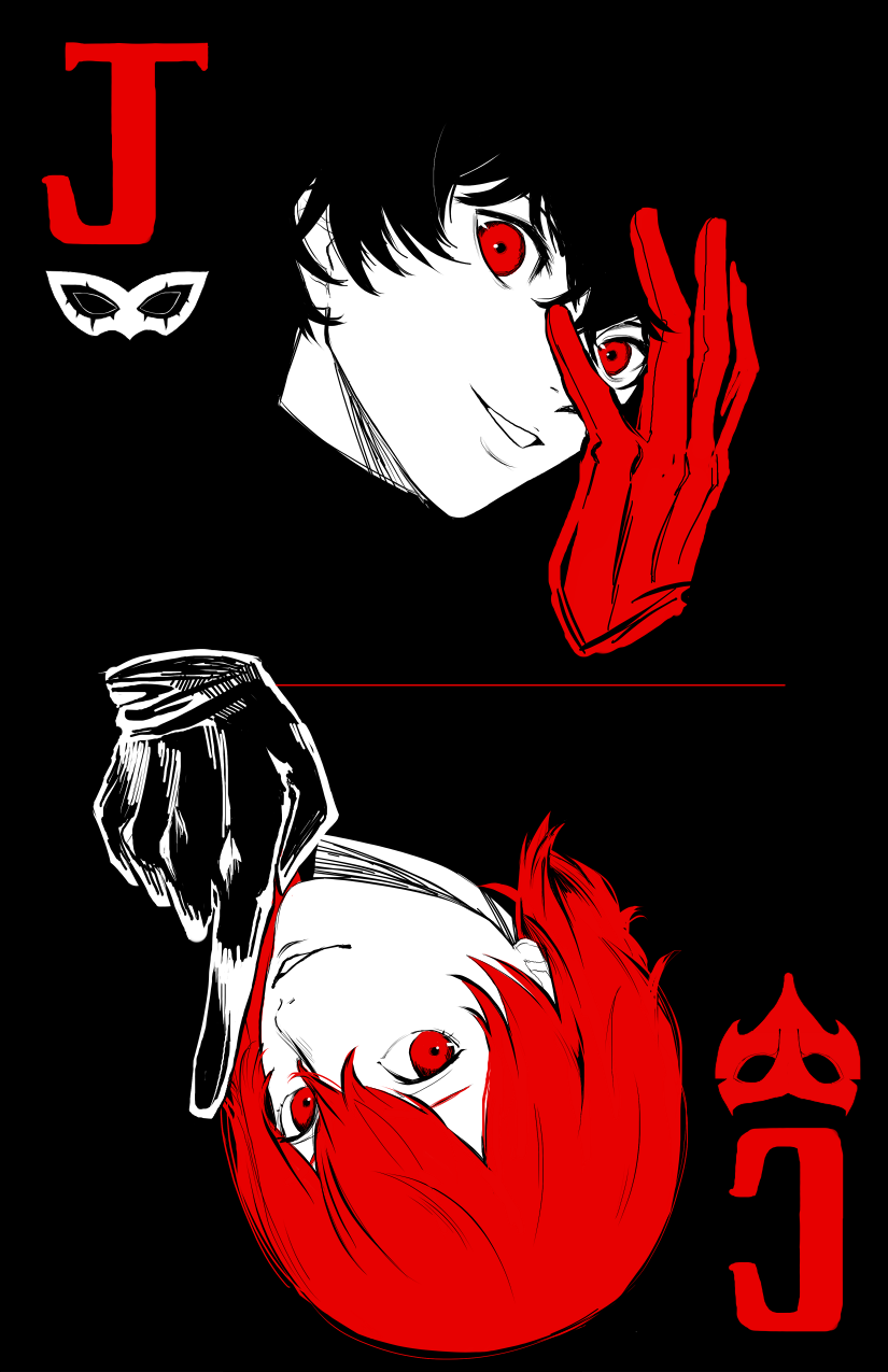 akechi_gorou amamiya_ren bangs black_background black_hair card_(medium) commentary cropped_neck gloves grin hair_between_eyes hand_over_eye highres looking_at_viewer male_focus mask multiple_boys parted_lips persona persona_5 red_eyes red_hair simple_background smile symmetry uncle_skellyman upside-down