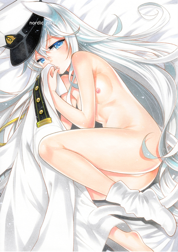 animal_ears artist_name ass bangs barefoot bed_sheet blue_eyes blue_hair blush breasts clothes_removed commentary_request from_above half-closed_eyes hat hibiki_(kantai_collection) kantai_collection kemonomimi_mode long_hair looking_at_viewer lying military military_uniform naval_uniform nipples nordic_niku nude on_bed on_side peaked_cap single_sock small_breasts socks solo uniform very_long_hair white_hat white_legwear