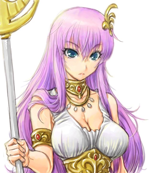 amania_orz athena_(saint_seiya) blue_eyes breasts cleavage collar dress jewelry kido_saori long_hair medium_breasts purple_hair saint_seiya staff