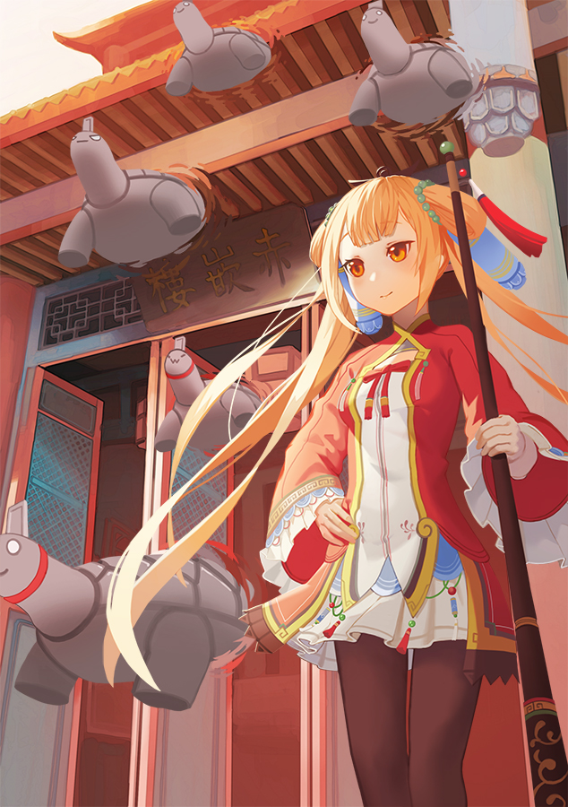 architecture blonde_hair copyright_request east_asian_architecture floating flying_turtle hair_ornament hand_on_hip holding holding_staff long_hair qianjing red_clothes ribbon skirt smile solo staff standing turtle yellow_eyes