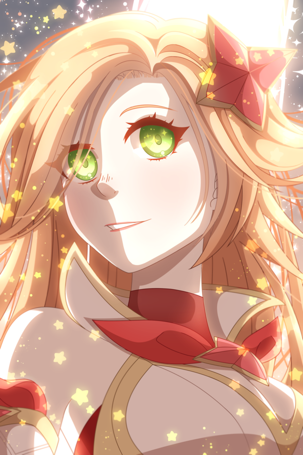 1girl alternate_costume alternate_hairstyle bare_shoulders breasts cleavage green_eyes hair_ornament league_of_legends lipstick long_hair magical_girl orange_hair sarah_fortune solo star star_guardian_miss_fortune