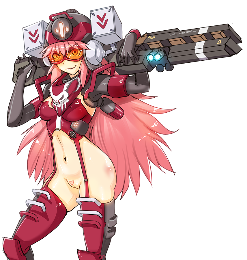 &gt;:) arm_up black_gloves bottomless breasts closed_mouth contrapposto covered_nipples cowboy_shot ear_protection elbow_gloves eyebrows_visible_through_hair gloves goggles grin groin heart_tattoo helmet hmage holding holding_weapon long_hair looking_at_viewer medium_breasts navel northstar_(titanfall) pink_hair pubic_tattoo pussy railgun red-framed_eyewear sidelocks skin_tight skull_print smile smug solo standing stomach tattoo thighhighs titanfall titanfall_2 transparent_background uncensored v-shaped_eyebrows very_long_hair weapon yellow_eyes