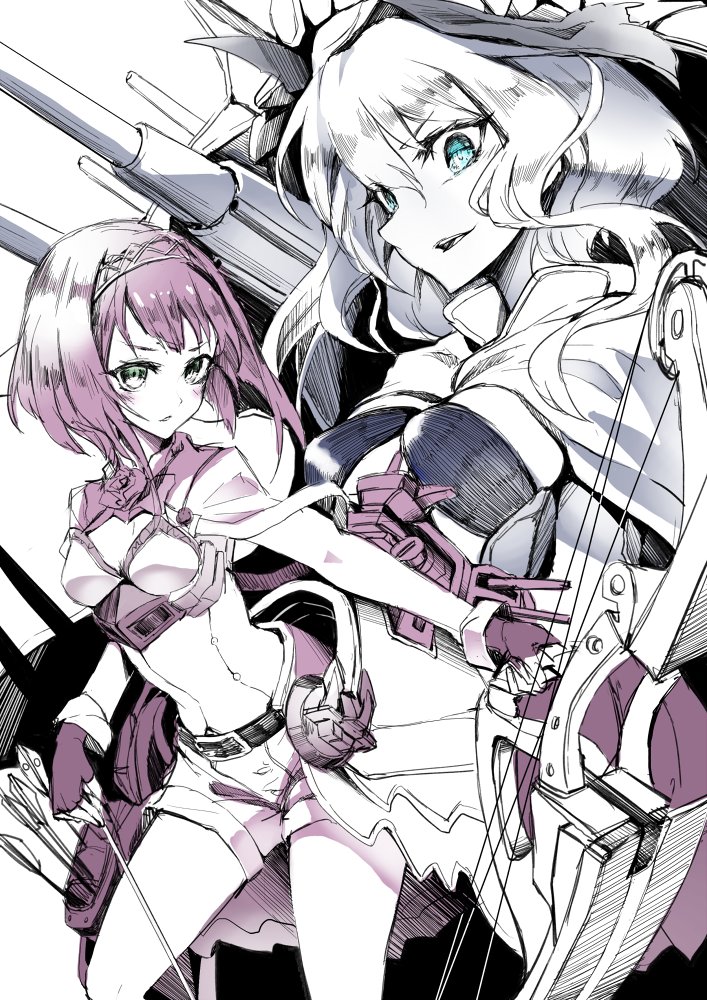 anchor ark_royal_(kantai_collection) arrow bangs belt blue_eyes blunt_bangs blush bob_cut bow_(weapon) breasts cannon capelet cleavage_cutout commentary_request corset european_hime eyebrows_visible_through_hair fingerless_gloves flower gloves hair_between_eyes hairband holding holding_arrow holding_weapon jacket kantai_collection kito_(kito2) long_sleeves looking_at_viewer machinery multiple_girls multiple_monochrome open_mouth overskirt parted_lips quiver ribbon rose shinkaisei-kan short_hair shorts small_breasts smile teeth tiara tsurime wavy_hair weapon