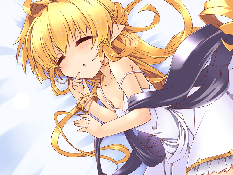 ahoge bangs bare_shoulders blonde_hair blush bracelet closed_eyes collarbone dress flat_chest granblue_fantasy harvin hemogurobin_a1c jewelry living_hair long_hair lying melissabelle on_bed on_side parted_lips pointy_ears sleeping solo strap_slip very_long_hair white_dress