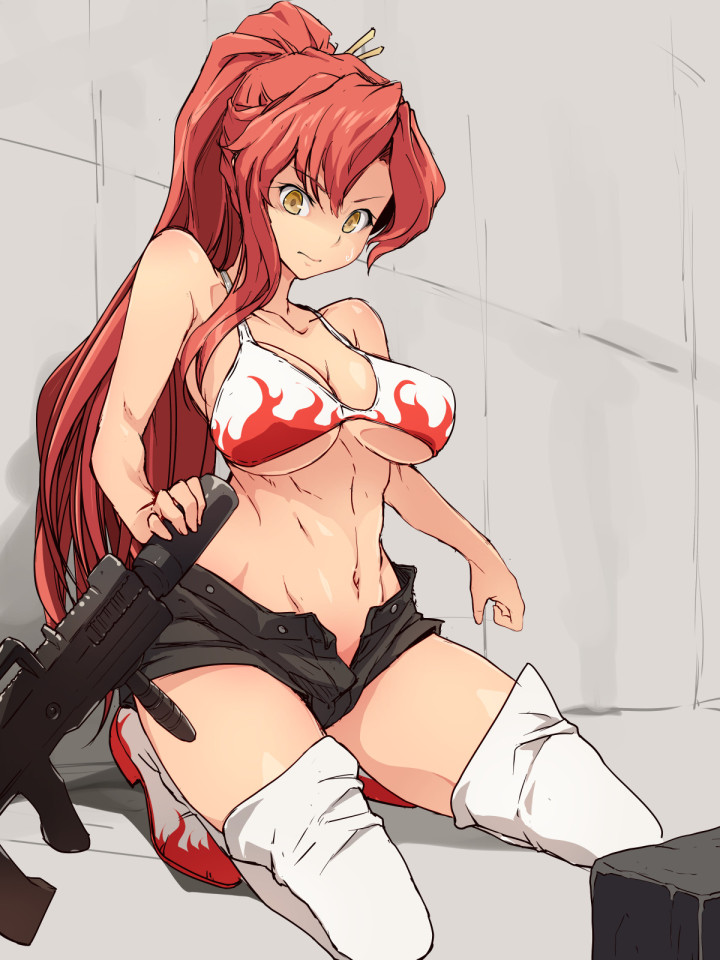 bare_arms bare_shoulders bikini_top black_shorts boots breasts cleavage collarbone commentary_request commission eyebrows_visible_through_hair flame_print gun holding holding_gun holding_weapon kneeling large_breasts long_hair navel open_fly ponytail red_hair rifle shaded_face short_shorts shorts single_sidelock solo stomach tengen_toppa_gurren_lagann thigh_boots thighhighs uchiko_onigiri underboob very_long_hair weapon white_bikini_top white_footwear yellow_eyes yoko_littner