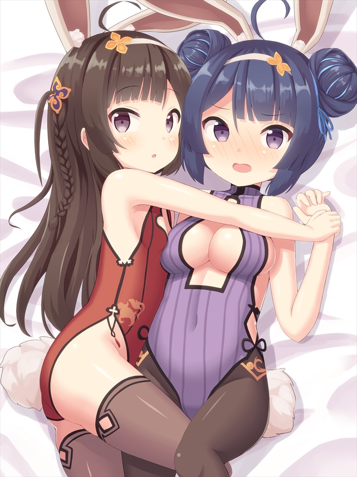 ahoge animal_ears ass azur_lane bad_id bad_pixiv_id bangs bare_shoulders black_hair black_legwear blue_hair blue_ribbon braid breasts bunny_ears bunny_girl bunny_tail center_opening chinese_clothes covered_navel da_un double_bun hair_ornament hair_ribbon hairband holding_hands hug long_hair looking_at_viewer lying medium_breasts multiple_girls ning_hai_(azur_lane) on_back on_bed on_side open_mouth pantyhose ping_hai_(azur_lane) purple_eyes ribbon short_hair siblings sideboob sisters small_breasts striped tail thighhighs vertical_stripes