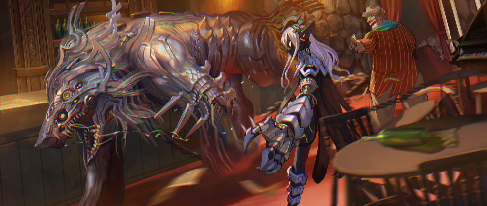 1girl animal_ears cape claws fantasy hat headgear indoors instrument long_hair mecha moneybag motion_blur open_mouth original ox_(baallore) piano pointing standing tail white_hair