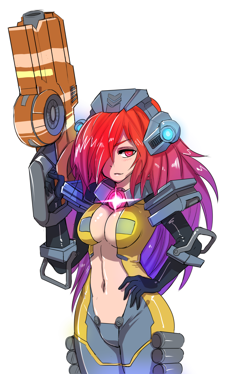 armor bodysuit breasts cleavage gloves gradient_hair gun hand_on_hip helmet highres hmage ion_(titanfall_2) large_breasts long_hair mecha_musume multicolored_hair navel personification purple_hair red_eyes red_hair rifle smirk stomach titanfall titanfall_2 transparent_background weapon
