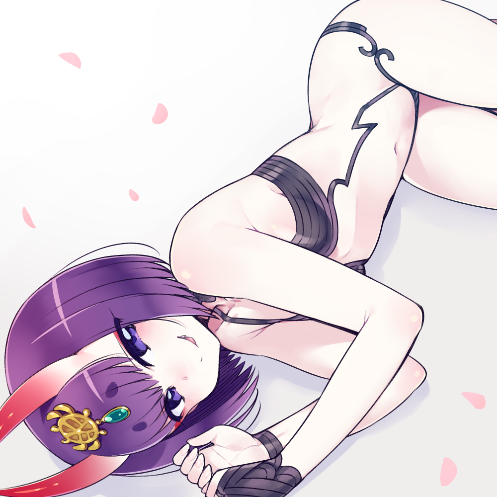 :p bare_shoulders blush breasts chan_co cherry_blossoms diadem eyeshadow fate/grand_order fate_(series) feet_out_of_frame gem horns licking_lips looking_at_viewer lying makeup navel on_side oni oni_horns petals purple_eyes purple_hair revealing_clothes short_hair shuten_douji_(fate/grand_order) small_breasts smile solo tongue tongue_out white_skin wristband
