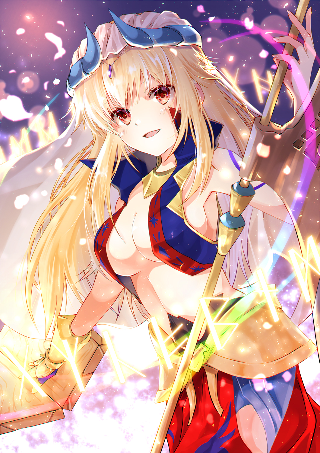 arms_at_sides axe bangs belt blonde_hair book breasts cleavage commentary_request cowboy_shot cropped_vest day facial_tattoo fate_(series) genderswap genderswap_(mtf) gilgamesh gilgamesh_(caster)_(fate) hair_ornament highres iroha_(shiki) large_breasts long_hair looking_at_viewer open_clothes open_mouth open_vest outstretched_arms pants petals red_eyes red_pants runes sideboob sidelocks solo standing tattoo vambraces vest weapon