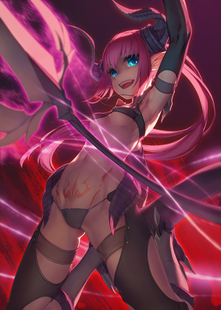 :d alternate_hairstyle arm_up armor armored_boots armpits arms_up ass_visible_through_thighs aura bangs bikini black_bikini black_legwear blue_eyes blurry boots breasts commentary_request covered_nipples curled_horns depth_of_field elizabeth_bathory_(fate) elizabeth_bathory_(fate)_(all) fate/extra fate/grand_order fate_(series) foreshortening horns knee_boots kneeling long_hair magic navel open_mouth pink_hair pointy_ears polearm ponytail pubic_tattoo rotix sidelocks small_breasts smile solo spear stomach swimsuit tattoo teeth thighhighs torn_clothes torn_legwear underboob very_long_hair weapon