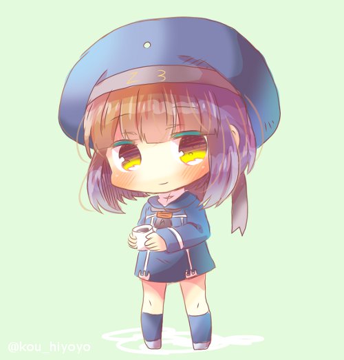 blue_background blue_dress blue_hat brown_eyes brown_hair chibi clothes_writing coffee cup dress full_body hat kantai_collection kouu_hiyoyo looking_at_viewer mug sailor_dress sailor_hat short_hair simple_background solo standing z3_max_schultz_(kantai_collection)