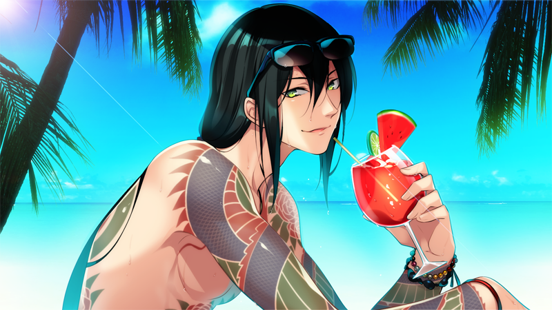 black_hair blue_sky chest_tattoo day drinking_straw eyewear_on_head fate/grand_order fate_(series) lips long_hair male_focus ocean palm_tree ponytail sidelocks sky smile solo tattoo tree upper_body yan_qing_(fate/grand_order)