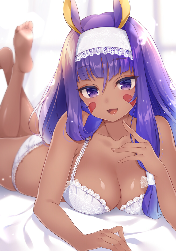 :3 :d animal_ears bangs bare_legs blurry blush bra breasts cleavage collarbone dark_skin depth_of_field eyebrows_visible_through_hair facial_mark fate/grand_order fate_(series) feet hairband indoors lace lace-trimmed_bra lace-trimmed_hairband lace_trim large_breasts long_hair looking_at_viewer lying medium_breasts mitsuba_choco nitocris_(fate/grand_order) on_stomach open_mouth panties purple_eyes purple_hair sidelocks smile soles solo tsurime underwear underwear_only very_long_hair white_bra white_panties