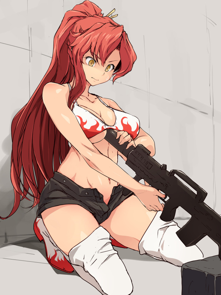 bare_arms bare_shoulders between_breasts bikini_top black_shorts boots breasts cleavage collarbone commission eyebrows_visible_through_hair gun kneeling large_breasts long_hair navel open_fly ponytail red_hair rifle shaded_face short_shorts shorts single_sidelock solo stomach suicide tengen_toppa_gurren_lagann thigh_boots thighhighs uchiko_onigiri underboob very_long_hair weapon white_bikini_top white_footwear yellow_eyes yoko_littner
