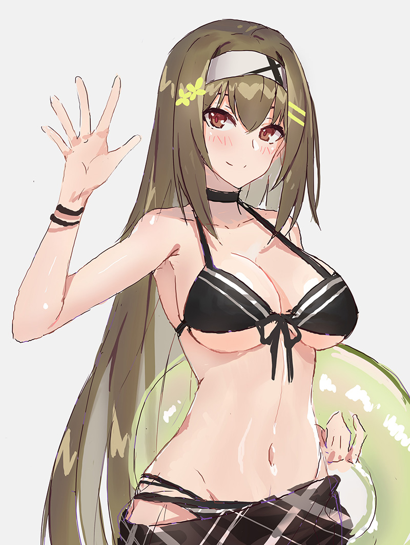 arm_up armpits bangs bare_arms bare_shoulders bikini black_bikini black_neckwear black_ribbon blush breasts brown_hair choker cleavage closed_mouth collarbone echj female_commander_(girls_frontline) front-tie_bikini front-tie_top girls_frontline green_innertube grey_background hair_ornament hairband hairclip holding innertube large_breasts long_hair looking_at_viewer navel red_eyes ribbon sarong simple_background sketch smile solo stomach swimsuit tsurime underboob upper_body white_hairband wristband