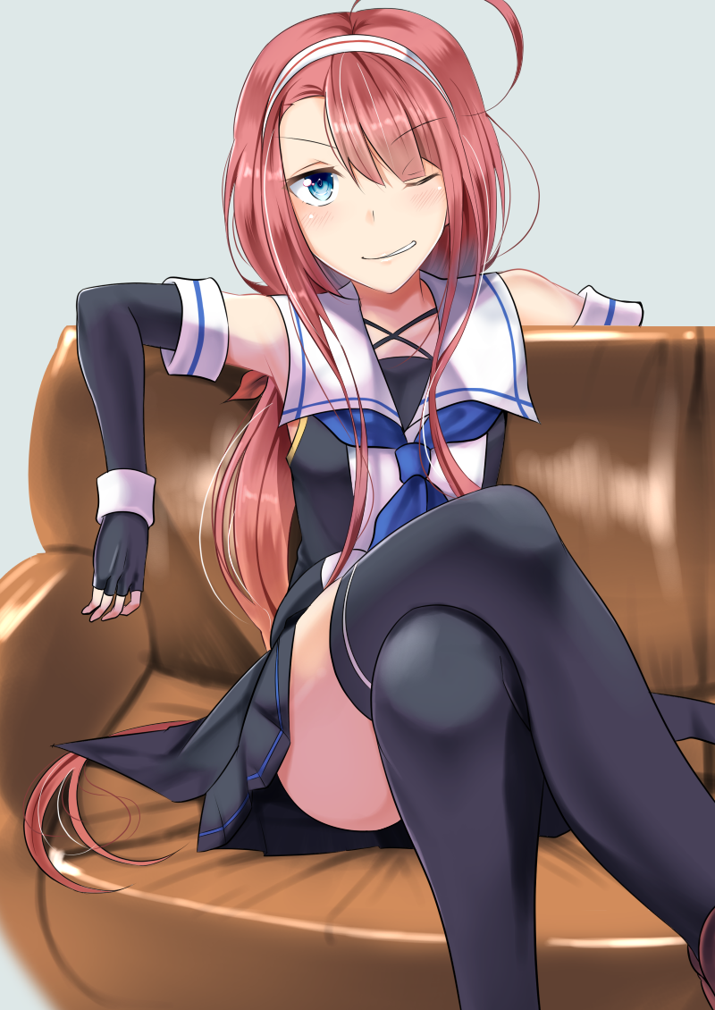 ahoge arm_at_side arm_behind_back arm_up asymmetrical_bangs bangs black_legwear blue_eyes blue_neckwear blush commentary_request couch crossed_legs elbow_gloves eyebrows_visible_through_hair fingerless_gloves gloves hairband kaeru_(ka=l) kantai_collection kawakaze_(kantai_collection) long_hair looking_at_viewer low_twintails necktie one_eye_closed parted_lips pleated_skirt sailor_collar school_uniform sidelocks sitting sitting_on_object skirt smile smirk solo thighhighs twintails