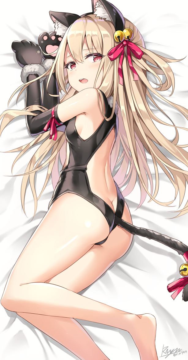 animal_ears ass barefoot bell black_gloves breasts butt_crack cat_ears cat_tail elbow_gloves fate/kaleid_liner_prisma_illya fate_(series) gloves hair_bell hair_ornament hair_ribbon illyasviel_von_einzbern jingle_bell kemonomimi_mode leotard light_brown_hair long_hair looking_back lying on_side open_mouth paw_gloves paws pink_eyes ribbon rin_yuu small_breasts solo tail tail_bell tail_ribbon two_side_up