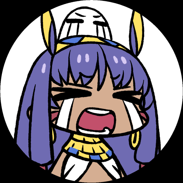 &gt;_&lt; animal_ears bangs chan_co chibi closed_eyes commentary_request crying d: dark_skin dungeon_meshi earrings eyebrows_visible_through_hair facing_viewer fate/grand_order fate_(series) frame hairband hoop_earrings jackal_ears jewelry long_hair medjed necklace nitocris_(fate/grand_order) open_mouth parody portrait purple_hair solo tears v-shaped_eyebrows white_background