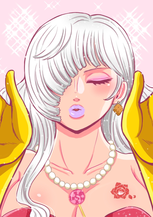 blush breasts candy charlotte_smoothie cleavage closed_eyes earrings food gloves hair_over_one_eye incoming_kiss jewelry large_breasts lipstick long_hair mailongzhu makeup necklace one_piece open_mouth pink_background portrait simple_background solo sparkle tattoo white_hair