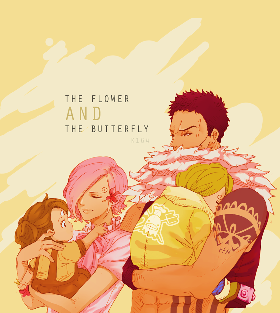 2girls abs artist_name black_hair blonde_hair brother_and_sister brown_hair charlotte_katakuri charlotte_pudding child closed_eyes coat flower gloves hair_flower hair_ornament hair_over_one_eye jolly_roger k164 long_hair multiple_boys multiple_girls one_piece pink_hair sanji scar scarf scarf_over_mouth shoulder_tattoo siblings simple_background sleeping stitches tattoo third_eye twintails upper_body vinsmoke_reiju yellow_background younger