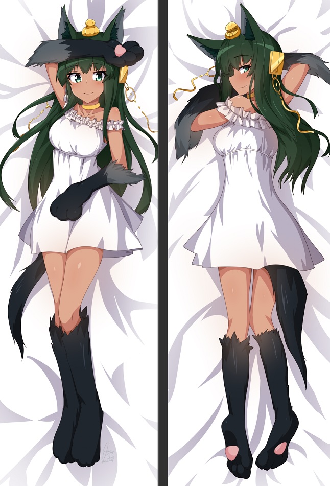 animal_ears anubis_(monster_girl_encyclopedia) bangs bare_shoulders bed_sheet blush choker closed_mouth commission dakimakura dark_green_hair dark_skin dress eyebrows_visible_through_hair full_body fur green_eyes green_hair hair_ornament hand_up long_hair looking_at_viewer looking_back lying monster_girl monster_girl_encyclopedia multiple_views nightgown on_back on_bed on_stomach paws smile snake_hair_ornament tail tilt-shift white_dress wolf_ears wolf_tail yellow_neckwear