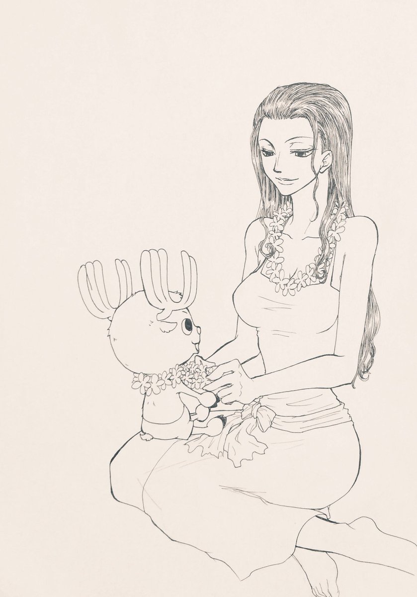 black_hair female flower_necklace long_hair looking_at_each_other nico_robin one_piece reindeer sitting sitting_on_lap smile tagme together tony_tony_chopper