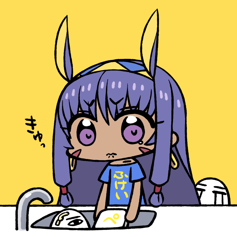 alternate_costume animal_ears bangs blue_shirt casual chan_co chibi closed_mouth clothes_writing crying dark_skin dishwashing earrings eyebrows_visible_through_hair facial_mark fate/grand_order fate_(series) frown hair_tubes hairband hoop_earrings jackal_ears jewelry long_hair medjed nitocris_(fate/grand_order) purple_eyes purple_hair shirt short_sleeves simple_background sink standing streaming_tears tearing_up tears yellow_background