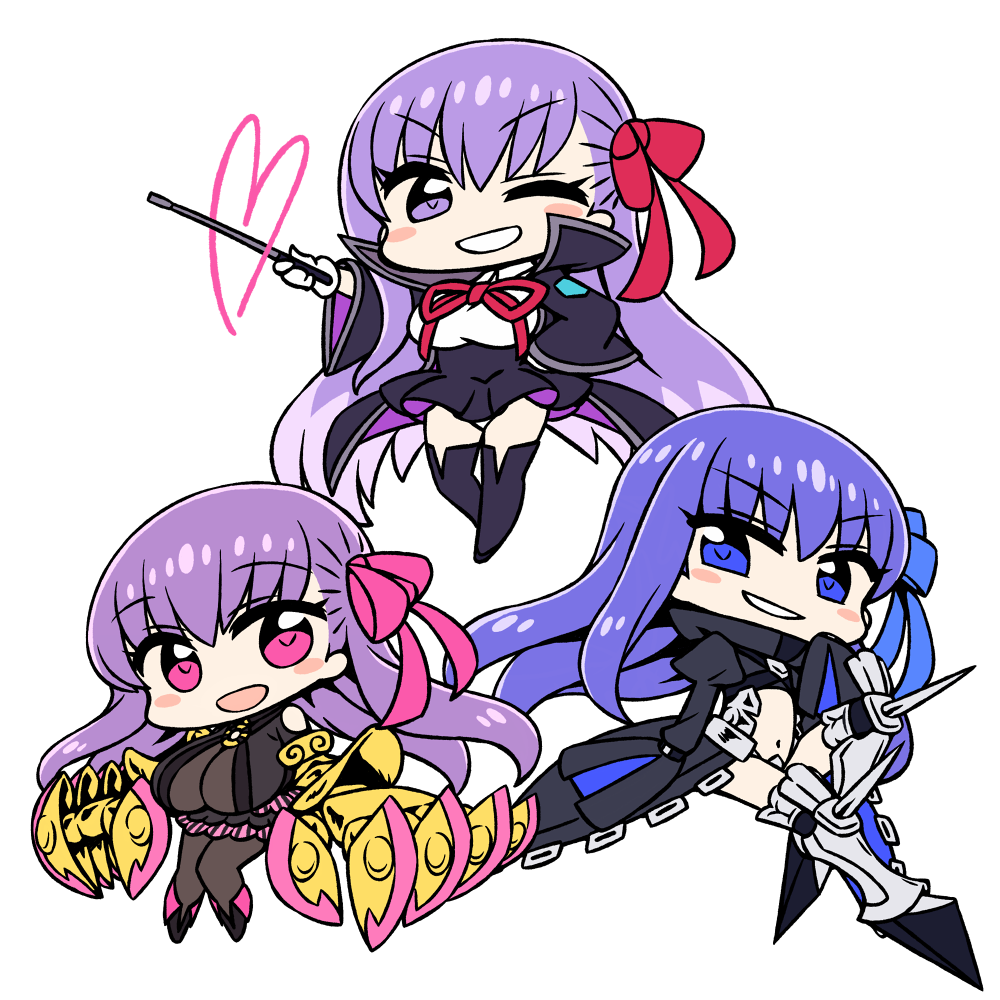 :d ;d armor bb_(fate)_(all) bb_(fate/extra_ccc) black_legwear blue_eyes blue_hair blue_ribbon blush_stickers boots breasts chan_co chibi claws commentary_request crotch_plate dress eyebrows_visible_through_hair fate/extra fate/extra_ccc fate_(series) greaves hair_ribbon hand_on_hip heart high_collar holding holding_wand large_breasts long_hair long_sleeves looking_at_viewer meltlilith multiple_girls navel one_eye_closed open_mouth panties pantyhose parted_lips passion_lip pink_eyes pink_ribbon purple_dress purple_eyes purple_hair ribbon simple_background sleeves_past_wrists smile smirk smug spikes thighhighs tied_sleeves underwear v-shaped_eyebrows very_long_hair wand white_background white_panties