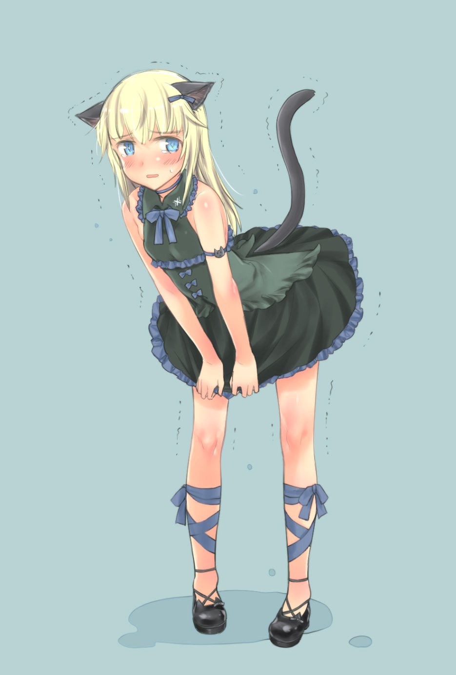 alternate_costume animal_ears aohashi_ame armband black_dress black_footwear blonde_hair blue_eyes blush cat_ears cat_tail choker commentary dress hair_ribbon helma_lennartz highres leg_ribbon mary_janes open_mouth ribbon shoe_ribbon shoes sleeveless standing strike_witches sweat tail tearing_up tears trembling world_witches_series