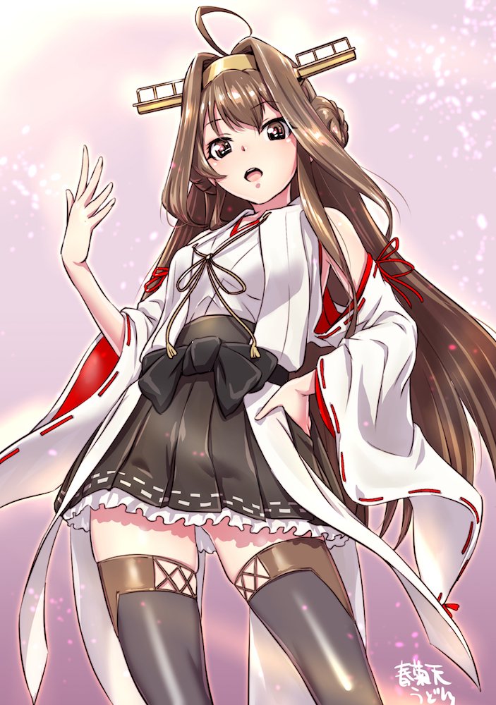 ahoge artist_name black_skirt boots brown_eyes brown_hair cowboy_shot detached_sleeves double_bun from_below gradient gradient_background hairband hand_on_hip headgear kantai_collection kongou_(kantai_collection) long_hair looking_at_viewer nontraditional_miko open_mouth pink_background pleated_skirt ribbon-trimmed_sleeves ribbon_trim shungikuten skirt solo thigh_boots thighhighs very_long_hair zettai_ryouiki