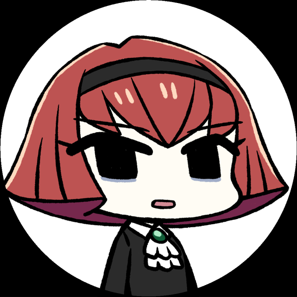 ascot bags_under_eyes black_dress black_eyes chan_co chibi commentary dress eyebrows_visible_through_hair frame gem hairband jitome long_sleeves looking_at_viewer parted_lips r_dorothy_wayneright red_hair short_hair solo the_big_o upper_body white_background white_neckwear