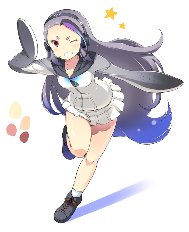 &gt;:) ;) ankle_boots black_footwear black_hair blue_hair blush boots breasts collarbone color_guide dot_nose dress eyebrows eyelashes giant_penguin_(kemono_friends) gradient_hair grey_hair headphones kemono_friends knees_together_feet_apart leg_up long_hair looking_at_viewer multicolored_hair one_eye_closed pink_eyes pleated_dress pleated_skirt pocket purple_hair sailor_collar sailor_dress shadow short_dress short_eyebrows simple_background single_hair_intake single_vertical_stripe skirt small_breasts smile socks solo standing standing_on_one_leg star teeth thick_eyebrows tsurime v-shaped_eyebrows very_long_hair white_background white_dress white_legwear ymatuz zipper zipper_pull_tab