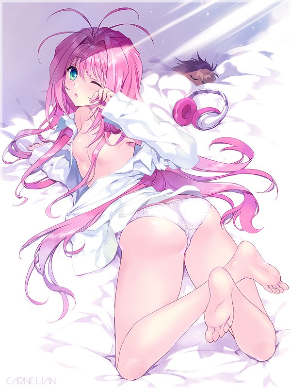 antenna_hair aqua_eyes ass barefoot breasts carnelian convenient_censoring creature feet green_eyes hair_censor hair_intakes hair_over_breasts headphones headphones_removed long_hair long_sleeves macross macross_7 mylene_jenius no_bra off_shoulder one_eye_closed open_clothes pink_hair small_breasts soles solo twisted_torso