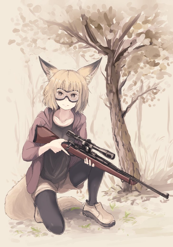 1girl animal_ears bangs batta_(kanzume_quality) black_legwear blonde_hair closed_mouth commentary_request day fox_ears fox_girl fox_tail goggles grass grey_eyes gun holding holding_gun holding_weapon hood hoodie long_sleeves looking_at_viewer one_knee original outdoors pantyhose purple_hoodie rifle scope shirt shoes shorts smile sniper_rifle solo tail tree trigger_discipline weapon white_shirt yellow_shorts